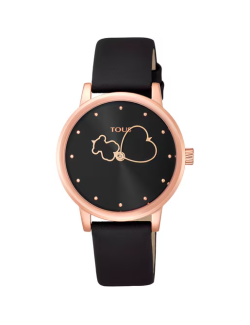 Reloj TOUS analógico Bear Time de acero IP rosado con correa de piel negra