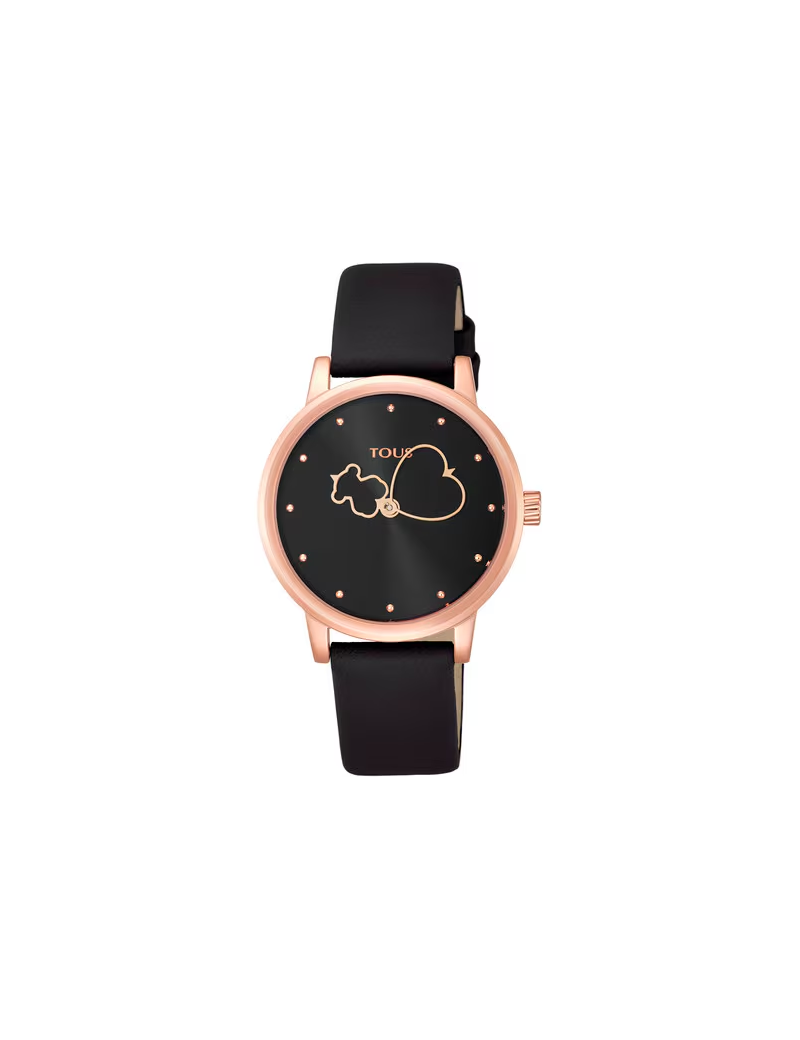 Reloj TOUS analógico Bear Time de acero IP rosado con correa de piel negra
