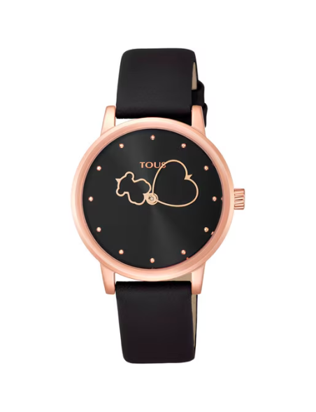 Reloj TOUS analógico Bear Time de acero IP rosado con correa de piel negra